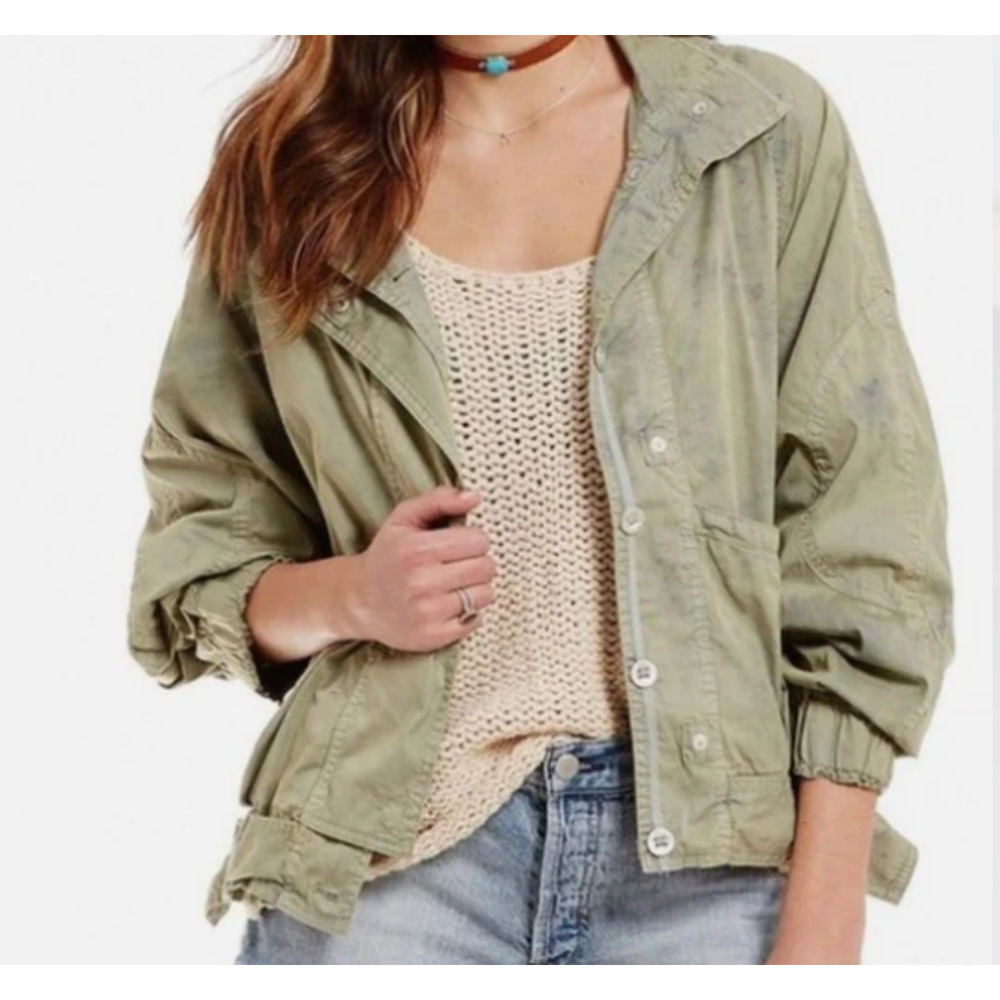 Free People Ripstop Parachute Bomber Jacket Green Tie Dye Women Size XS Grunge